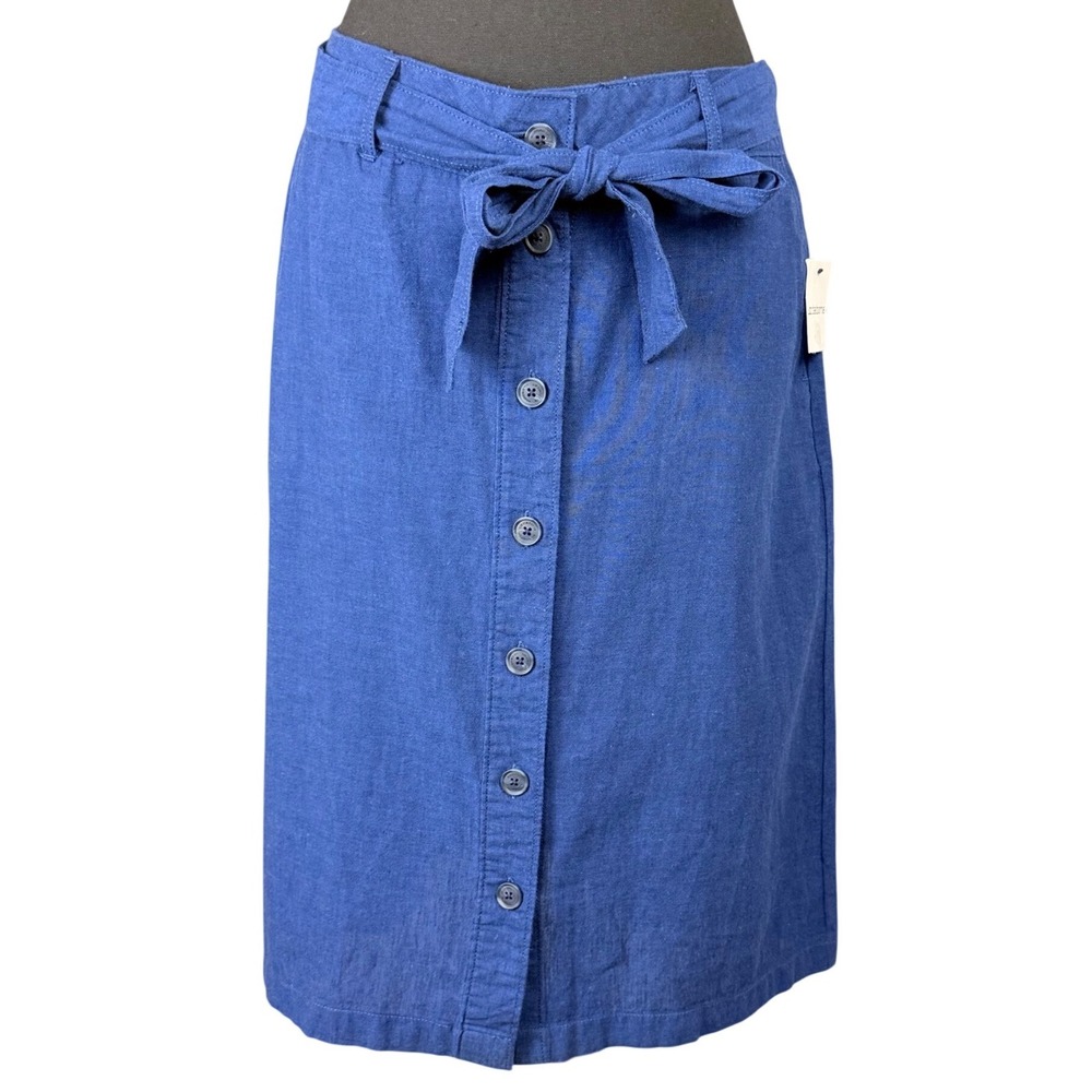 Liz Claiborne Linen Blend Midi Skirt Indigo Blue Button Front Tie Waist 10 NWT